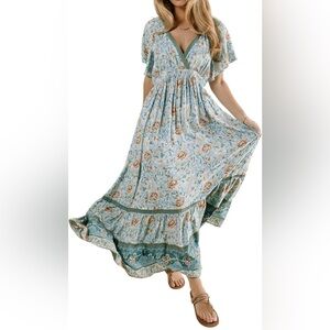 R. Vivimos Women’s V Neck Maxi Dress Floral Print Size Large Elastic Waist Boho